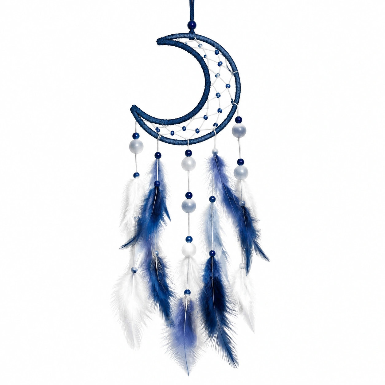 Acchiappasogni sospeso 20 x 60 cm in cordoncino blu e bianco con piume decorative