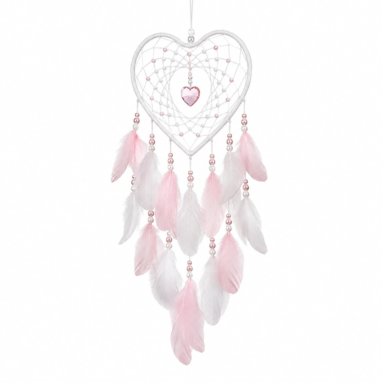 Acchiappasogni a cuore 30 x 80 cm in filo bianco rosa con piume decorative