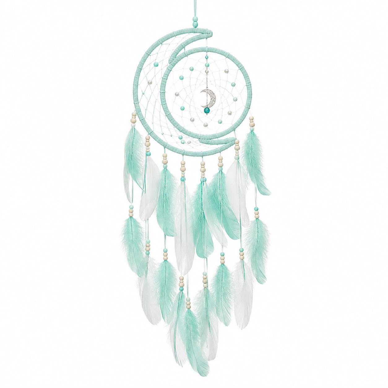 Acchiappasogni decorativo 20 x 60 cm in filo e piume turchese bianco con luna stile boho da appendere