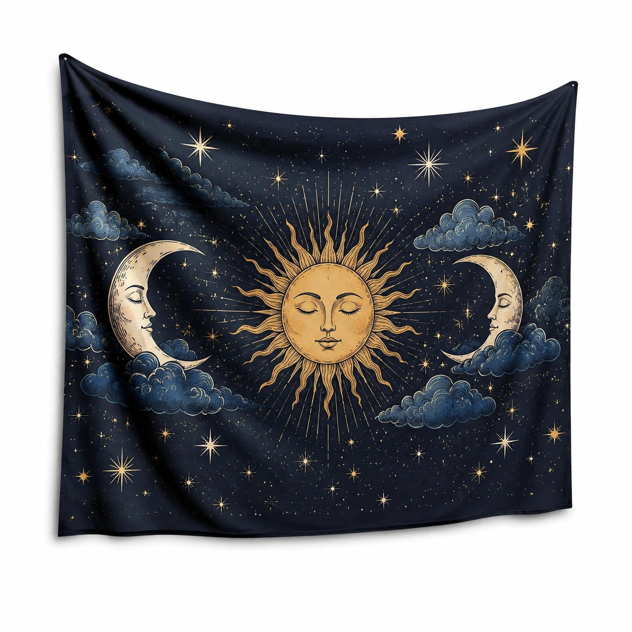 Arazzo da parete 150 x 130 cm in tessuto sintetico blu notte con sole lune e stelle - decorazione celeste