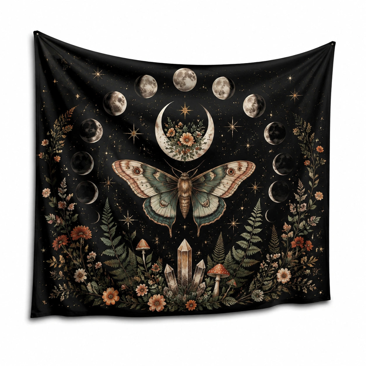 Arazzo da parete 150 x 150 cm in tessuto nero con falena e fasi lunari decorazione bohémien