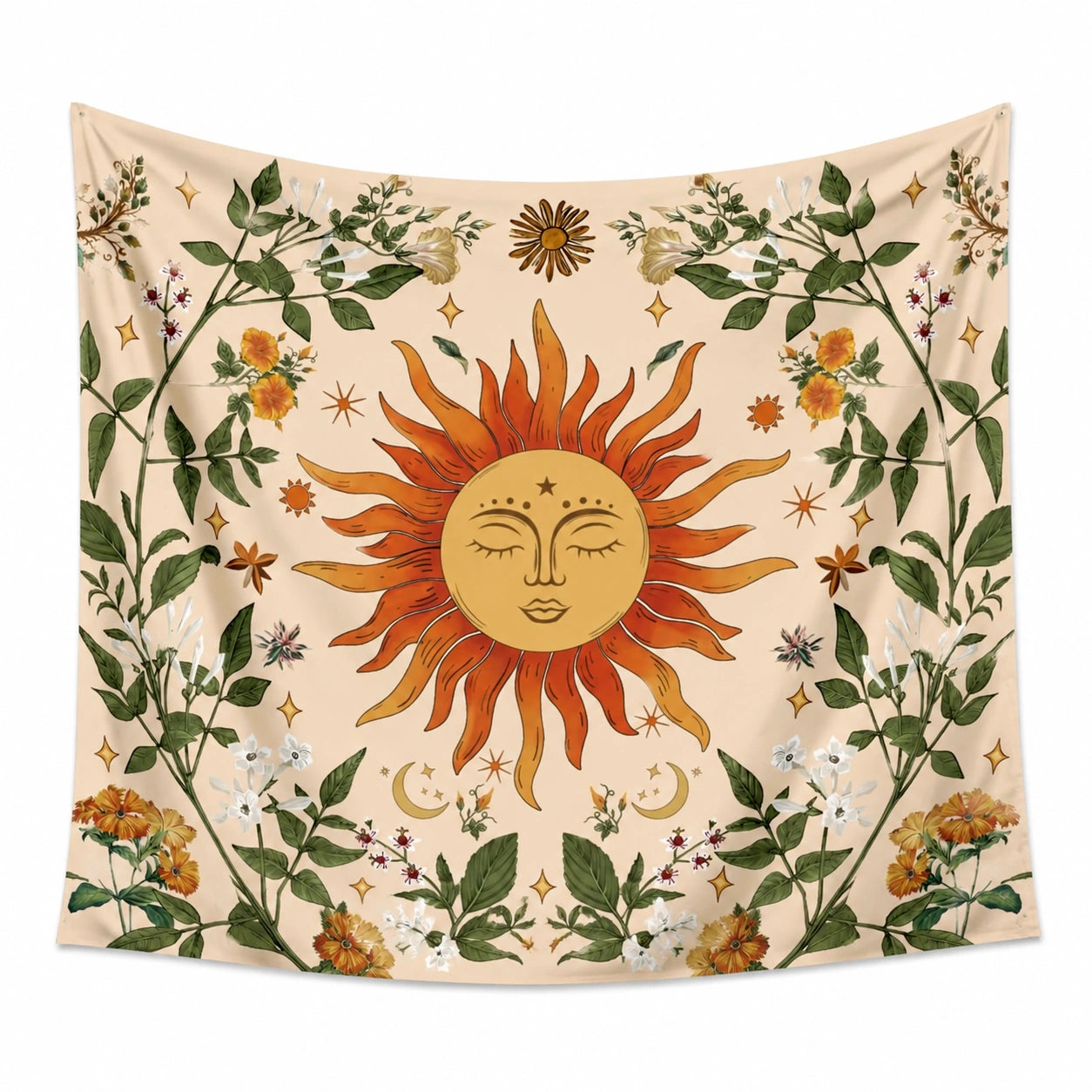 Arazzo da parete 150 cm x 150 cm in tessuto beige con sole e fiori stile bohémien