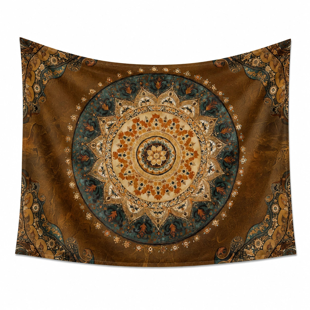 Arazzo da parete 150 x 150 cm in tessuto marrone e verde con mandala floreale decorativo
