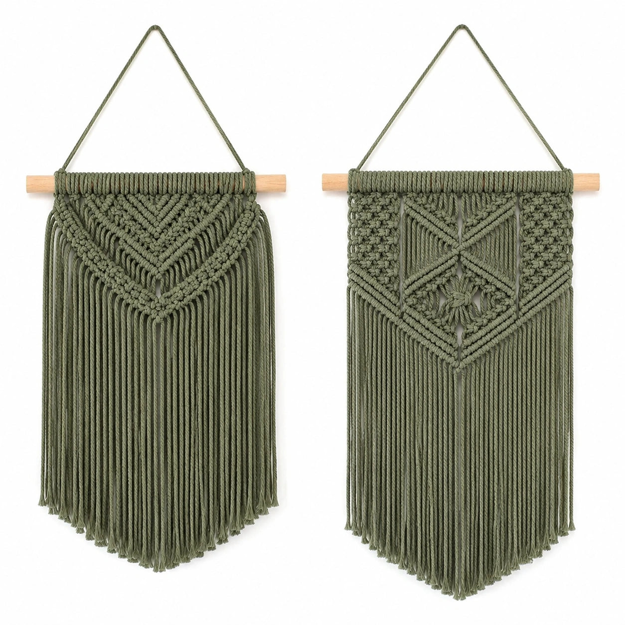 Arazzo da parete macramè 30 x 70 cm in cotone verde oliva con frange stile boho