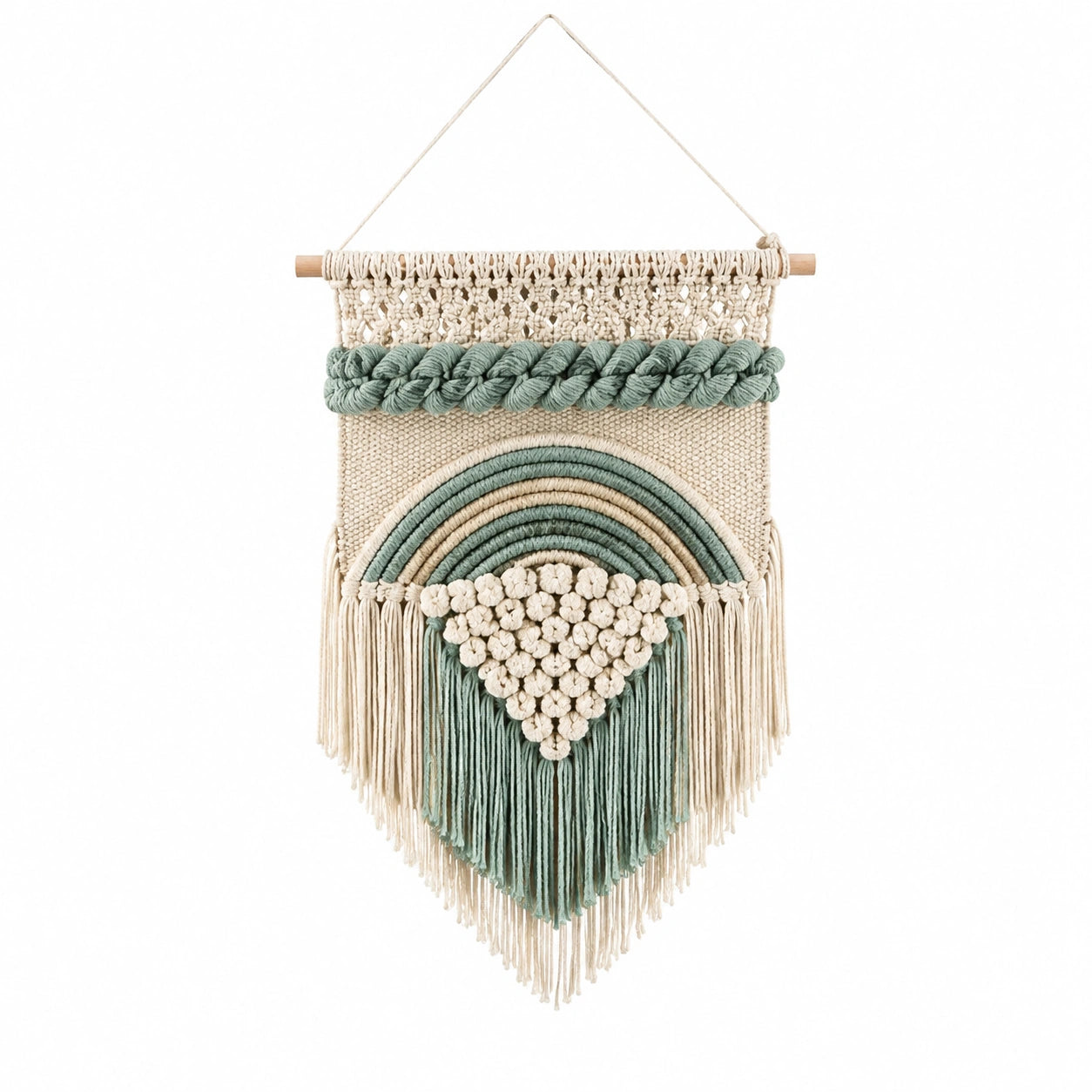 Arazzo da parete 45 x 80 cm in corda di cotone verde e beige con frange decorativo