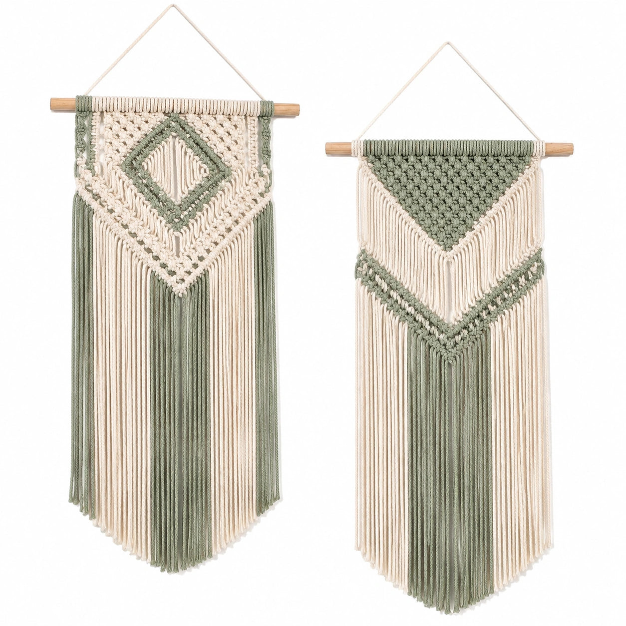 Set di 2 arazzi da parete in macramè 35 x 80 cm cotone verde salvia e crema stile boho