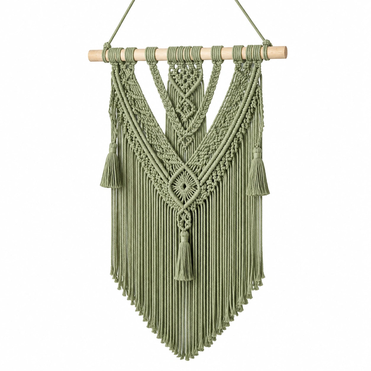 Arazzo da parete macramè 50 x 100 cm in corda tessile verde salvia con bastone in legno stile boho