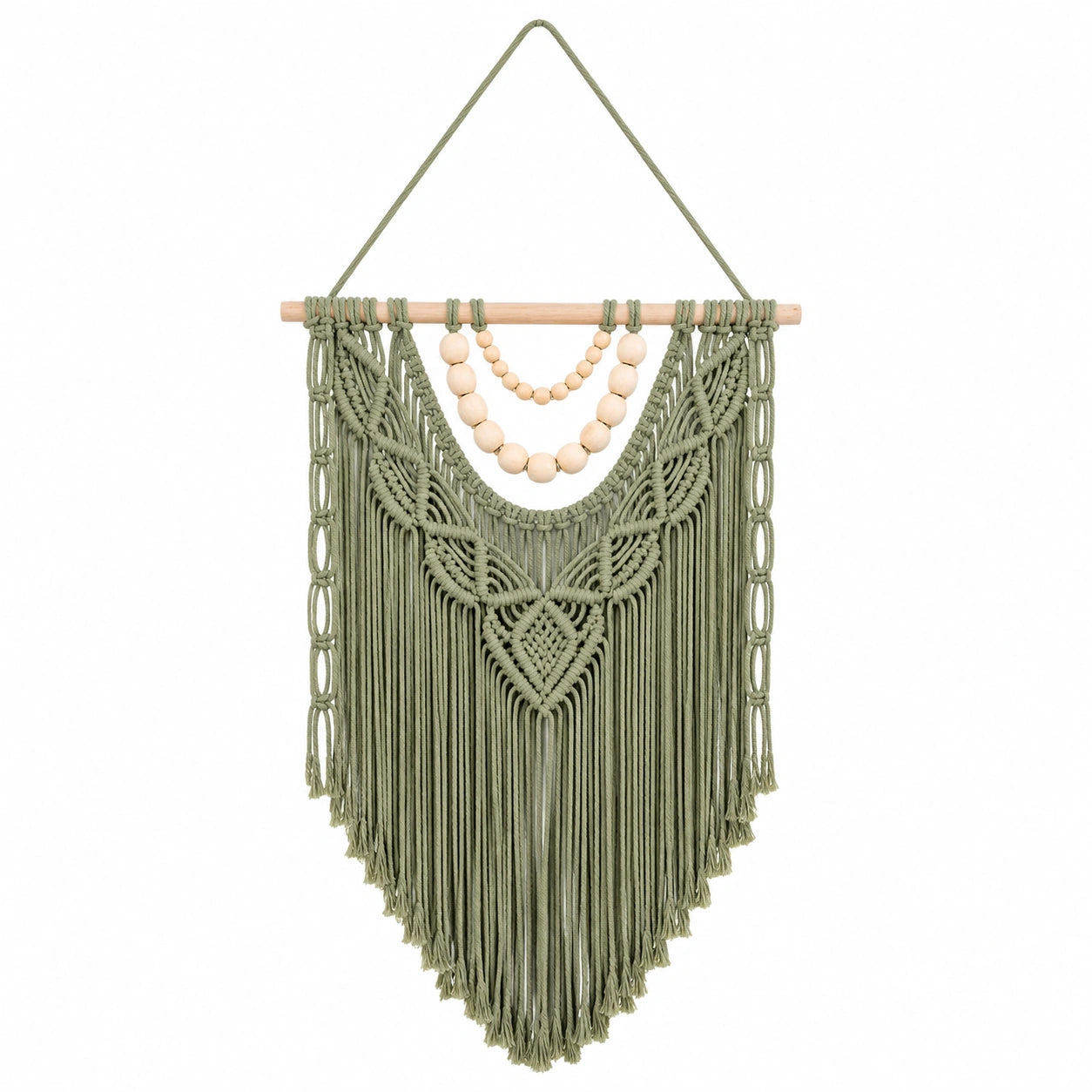 Arazzo da parete 50 x 85 cm in corda tessile verde salvia con perle di legno stile boho