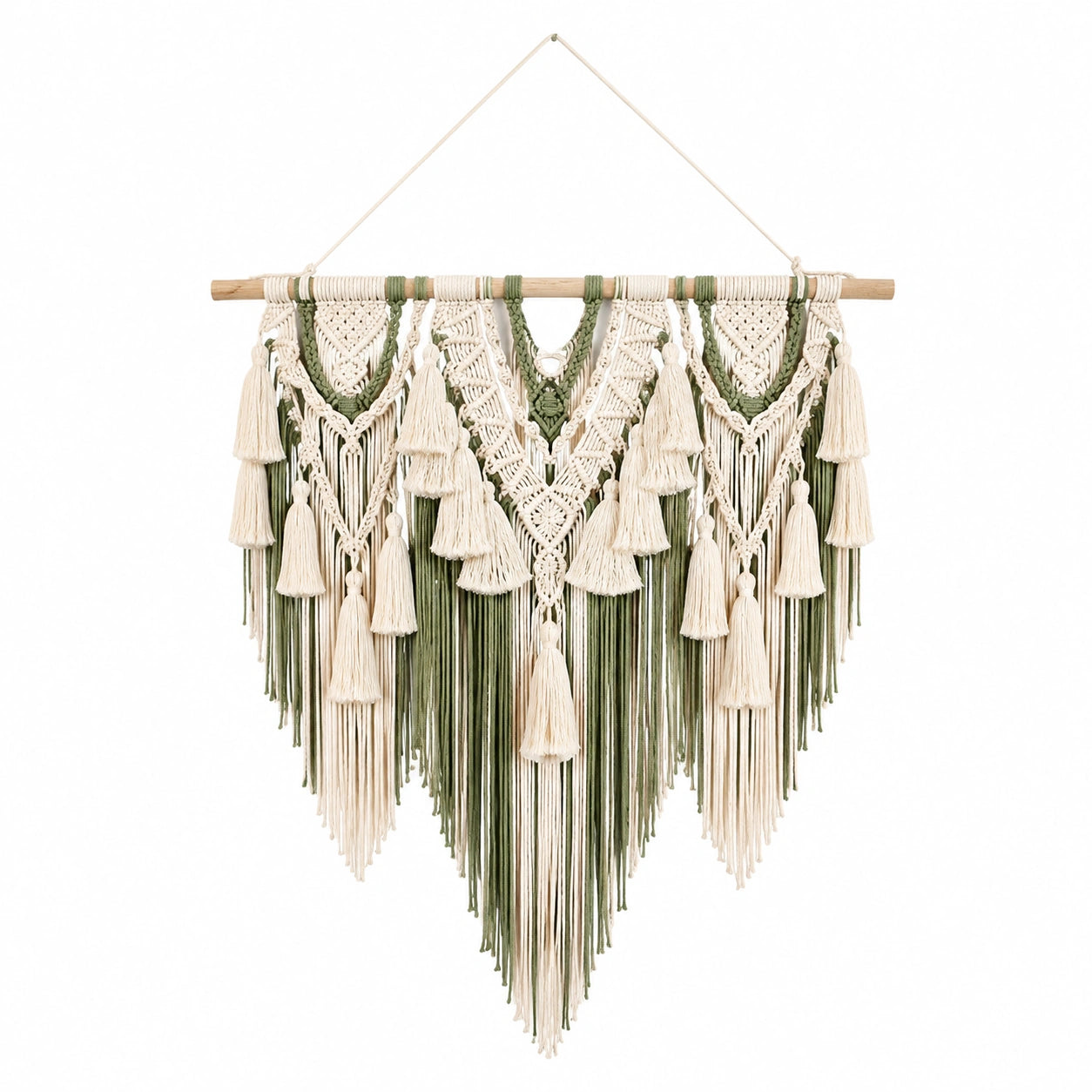 Arazzo da parete 80 x 100 cm in cotone beige e verde con bastone in legno stile boho