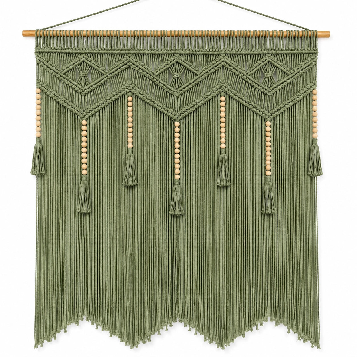 Arazzo da parete 100 x 120 cm in corda di cotone verde salvia con frange stile boho