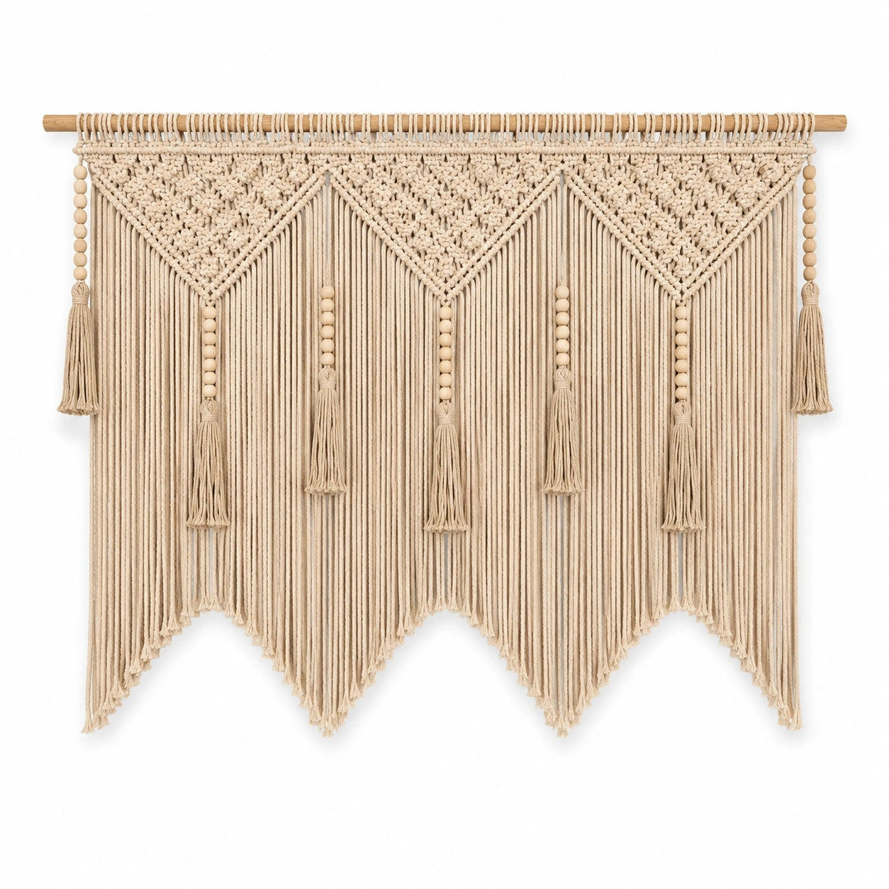 Arazzo da parete macramè 120 x 100 cm in cotone beige con asta in legno stile boho