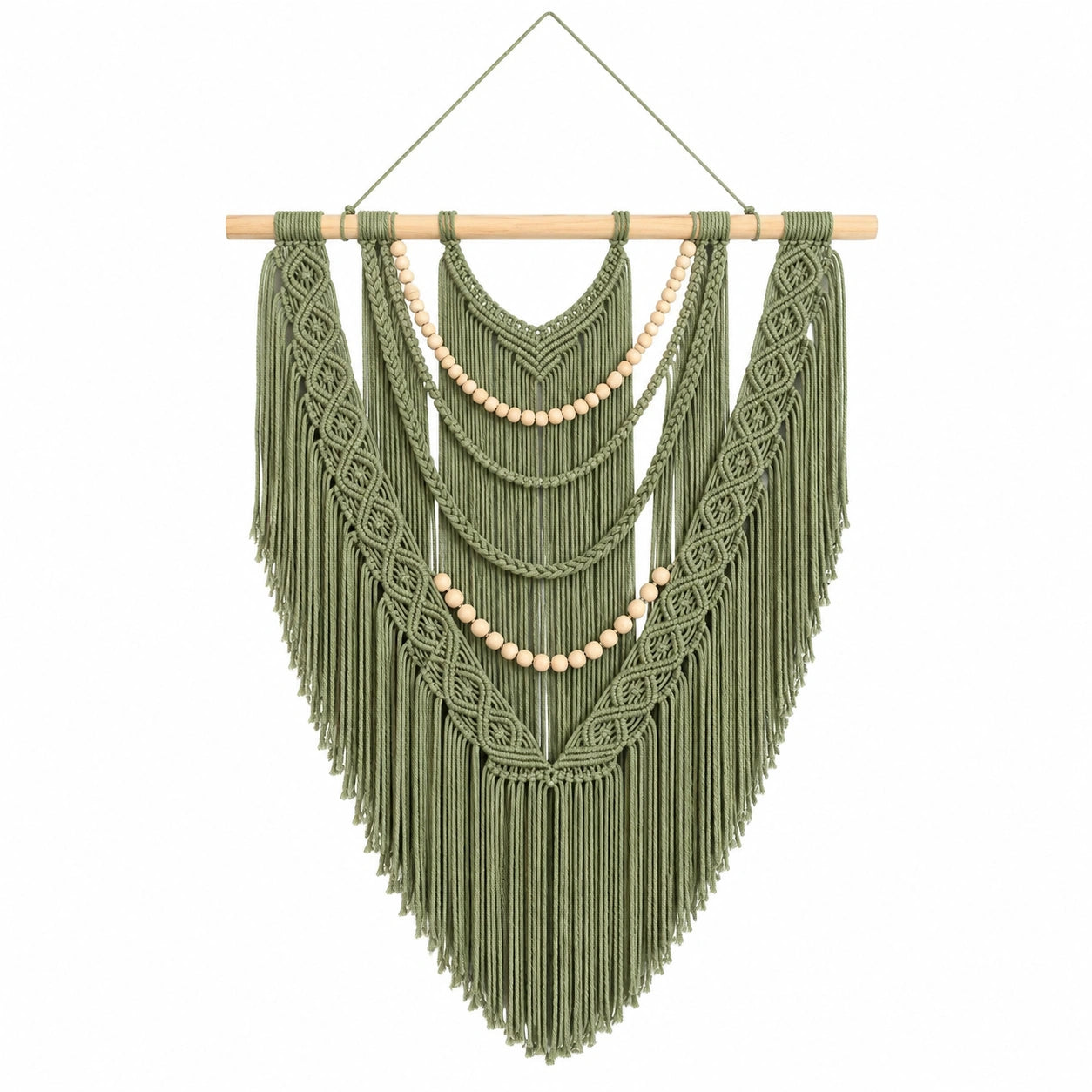 Arazzo da parete 70 x 100 cm in cordoncino tessile verde salvia con frange stile boho