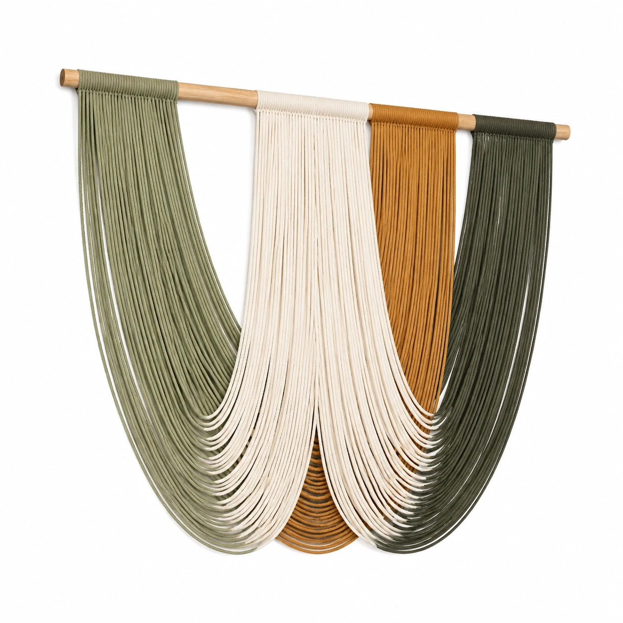 Arazzo da parete 100 x 90 cm in corda di cotone e legno verde crema ocra stile boho
