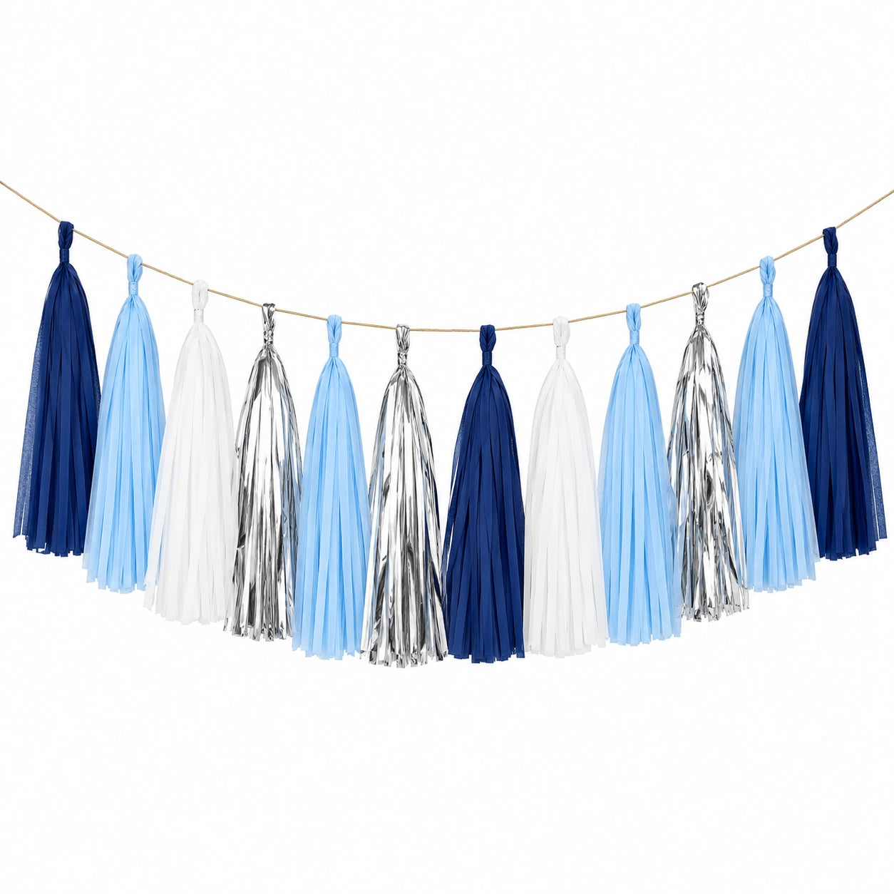 Ghirlanda decorativa con 12 nappe 300 x 30 cm in carta blu bianco argento per feste