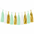 Ghirlanda decorativa di nappe 150 x 35 cm in carta verde menta bianco e oro per feste