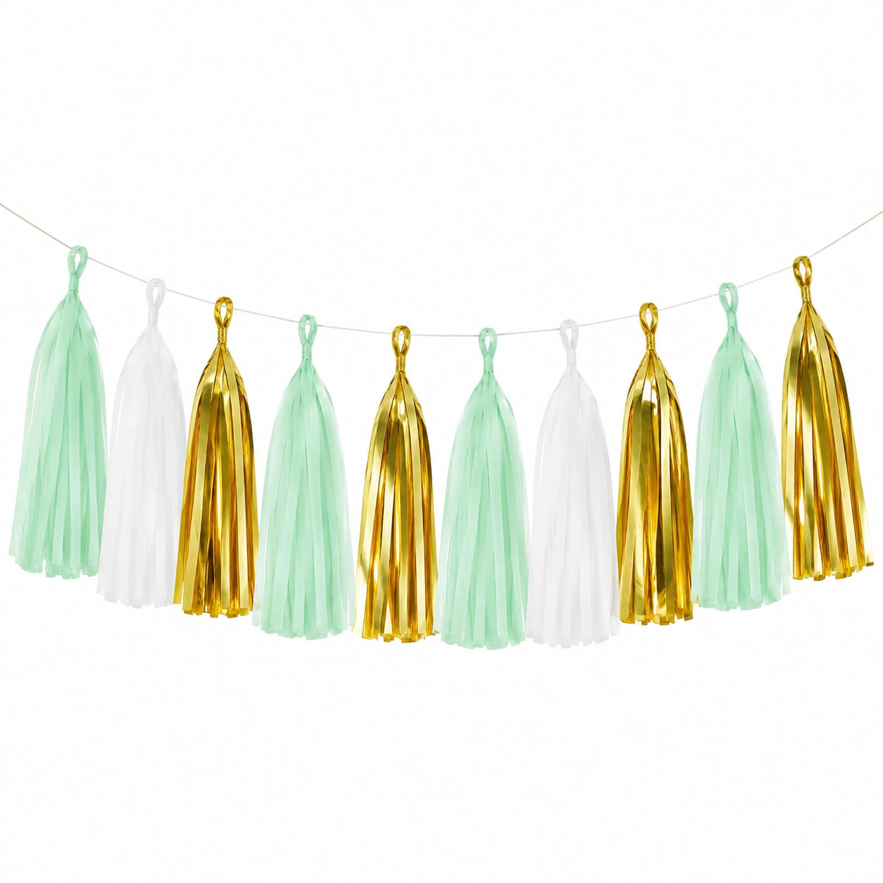Ghirlanda decorativa di nappe 150 x 35 cm in carta verde menta bianco e oro per feste