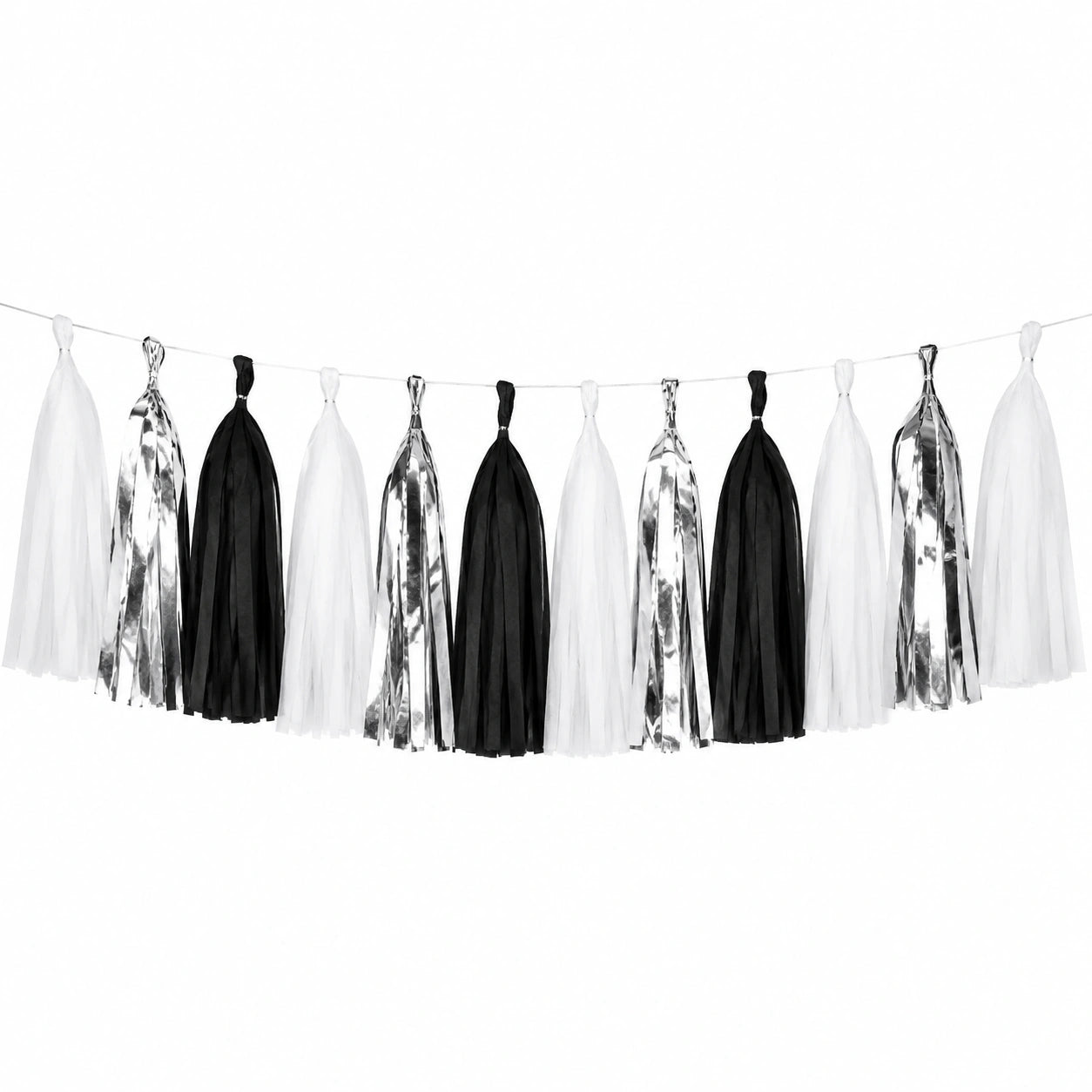 Ghirlanda decorativa con nappe 300 x 30 cm in carta nero bianco argento per feste