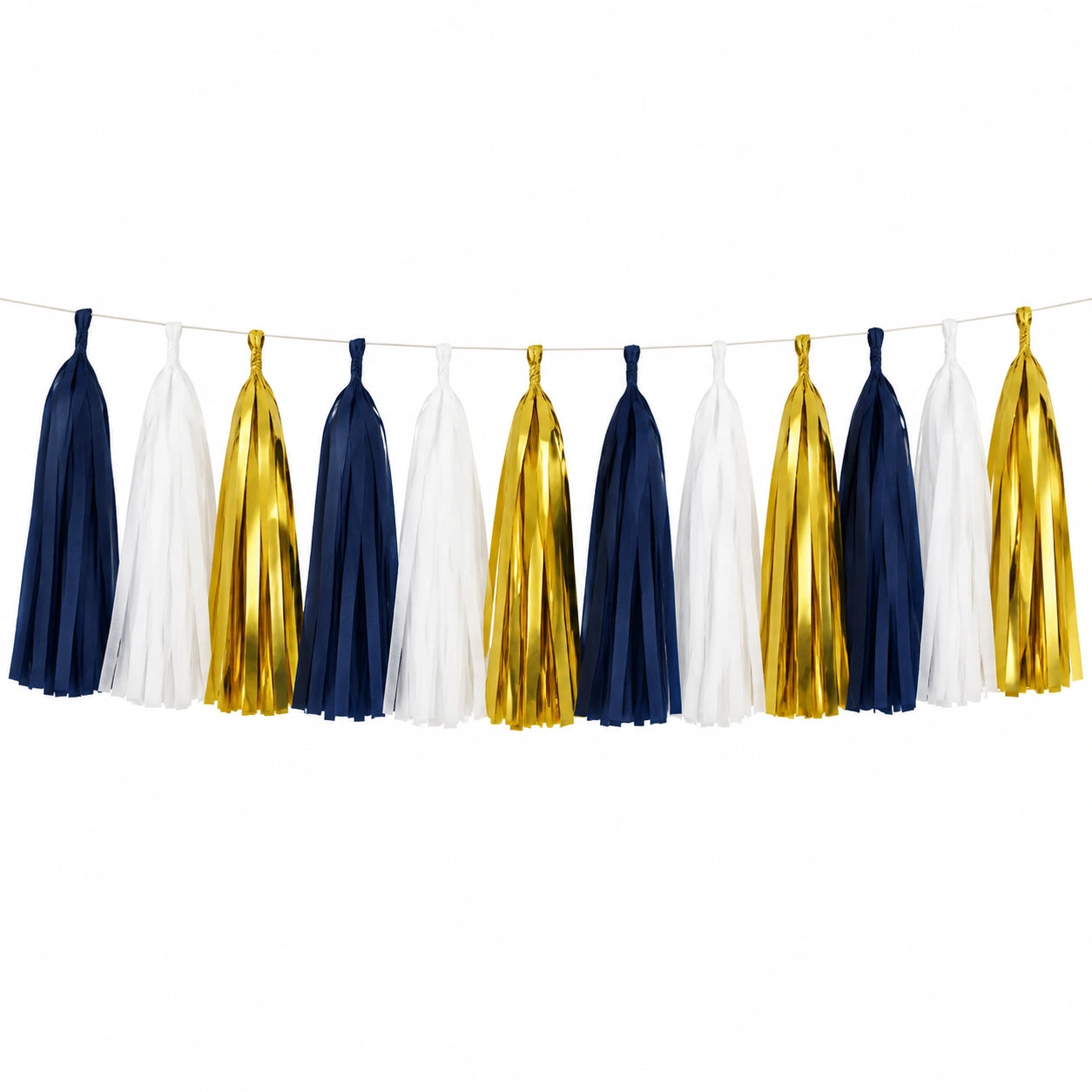 Ghirlanda con nappine 200 x 35 cm in carta blu navy bianco e oro per decorazioni feste