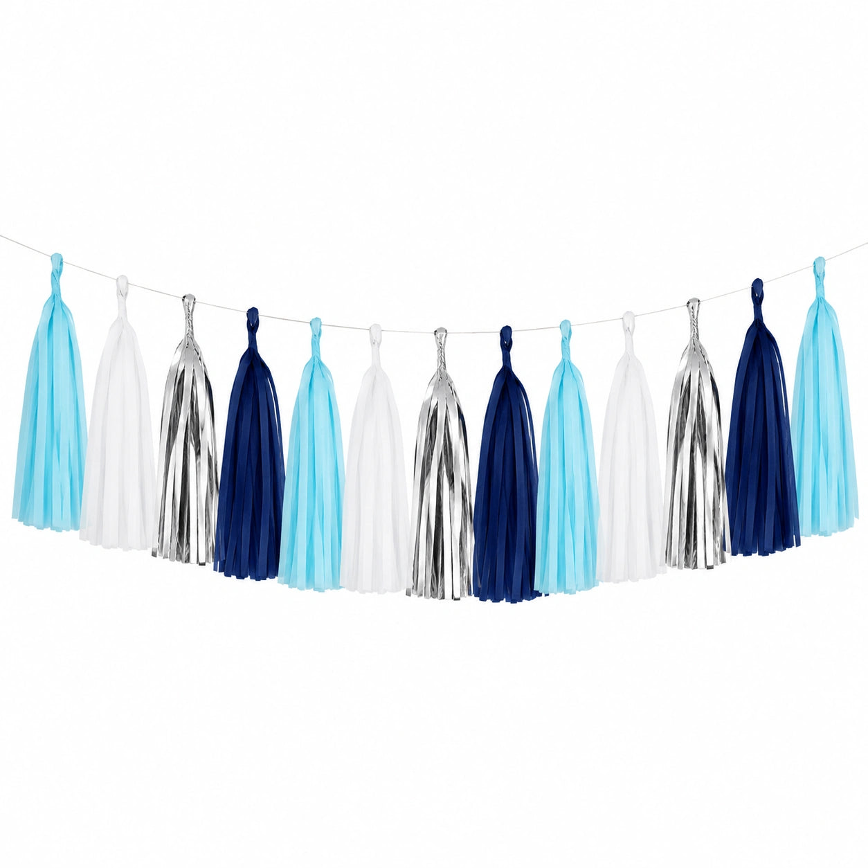 Ghirlanda con nappine in carta 300 x 35 cm azzurro bianco blu navy argento per feste